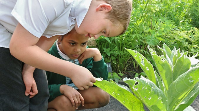 School children exploring the Apprentice House garden at Quarry Bank Mill, Cheshire